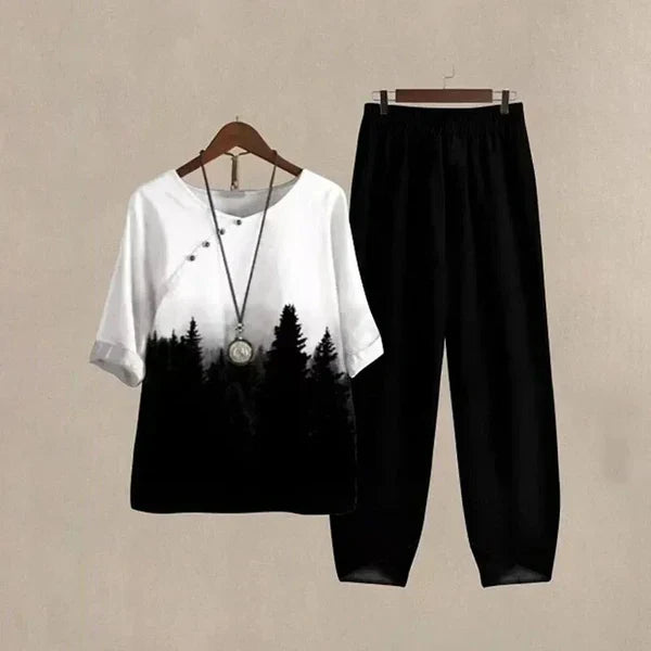 Ensemble chemise et pantalon noir : chemisier blanc silhouette forêt, pantalon ample