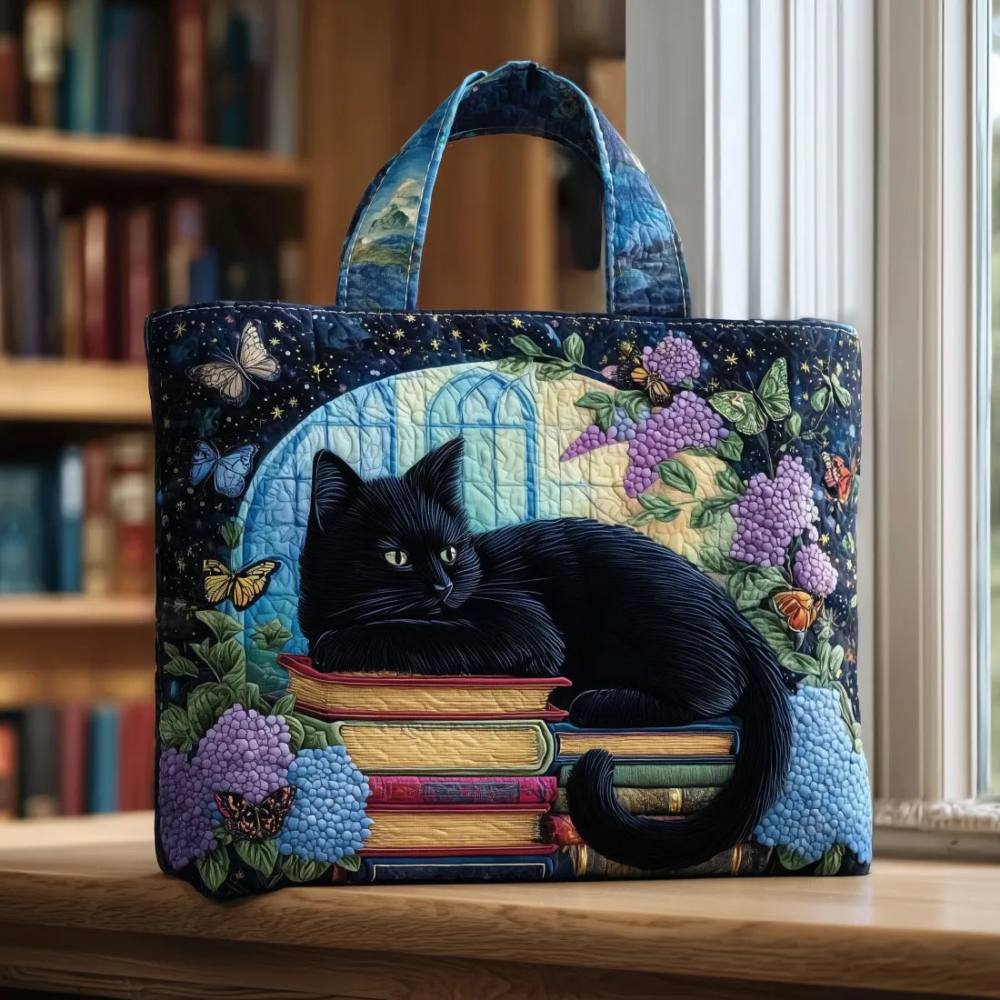 Sac décontracté en tissu bleu nuit, anse bleue, motif chat noir allongé, fleurs.