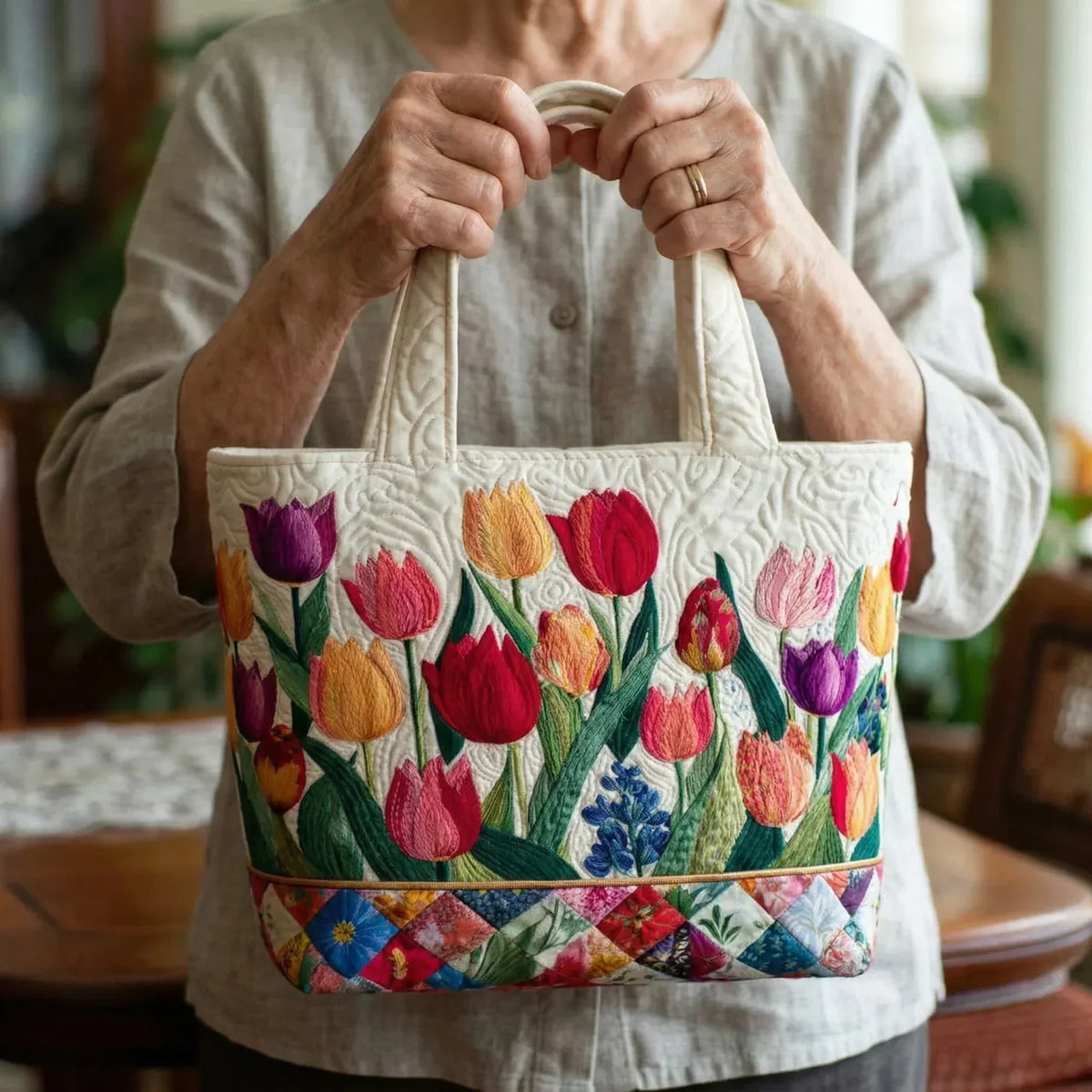 Sac cabas crème à fleurs colorées, anses renforcées et couture froncée.