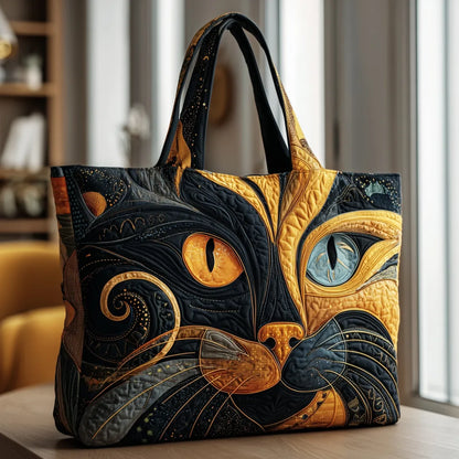 Sac souple Freya à anses longues, motif chat bleu-noir et doré, couture matelassée