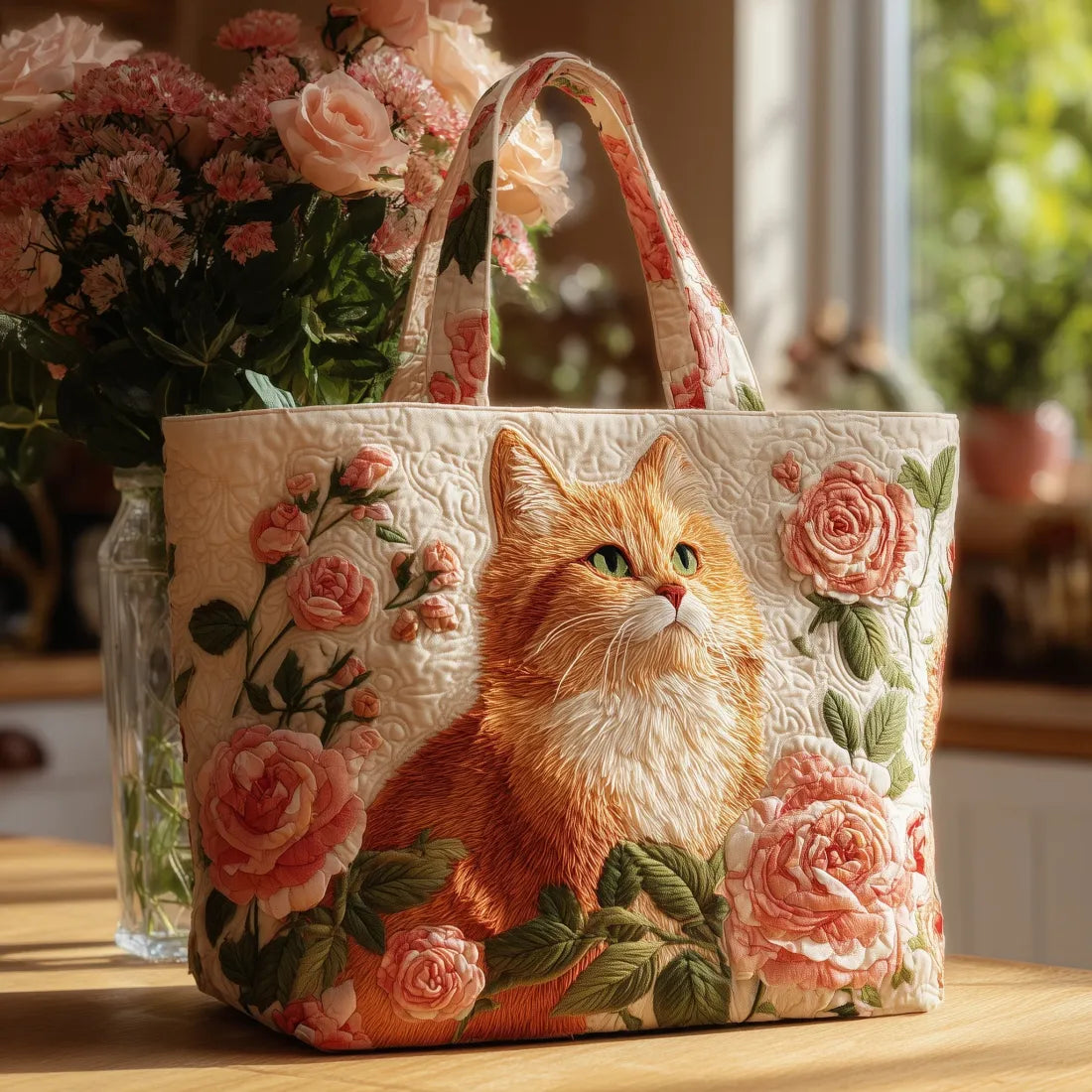 Sac fourre-tout souple fait main, chat roux fleuri, vue de côté, anses en tissu.