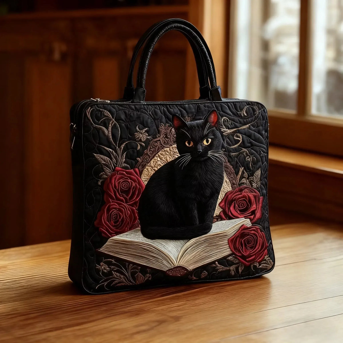 Sac cabas artisanal noir vue 3/4, chat noir brodé, roses rouges et livre