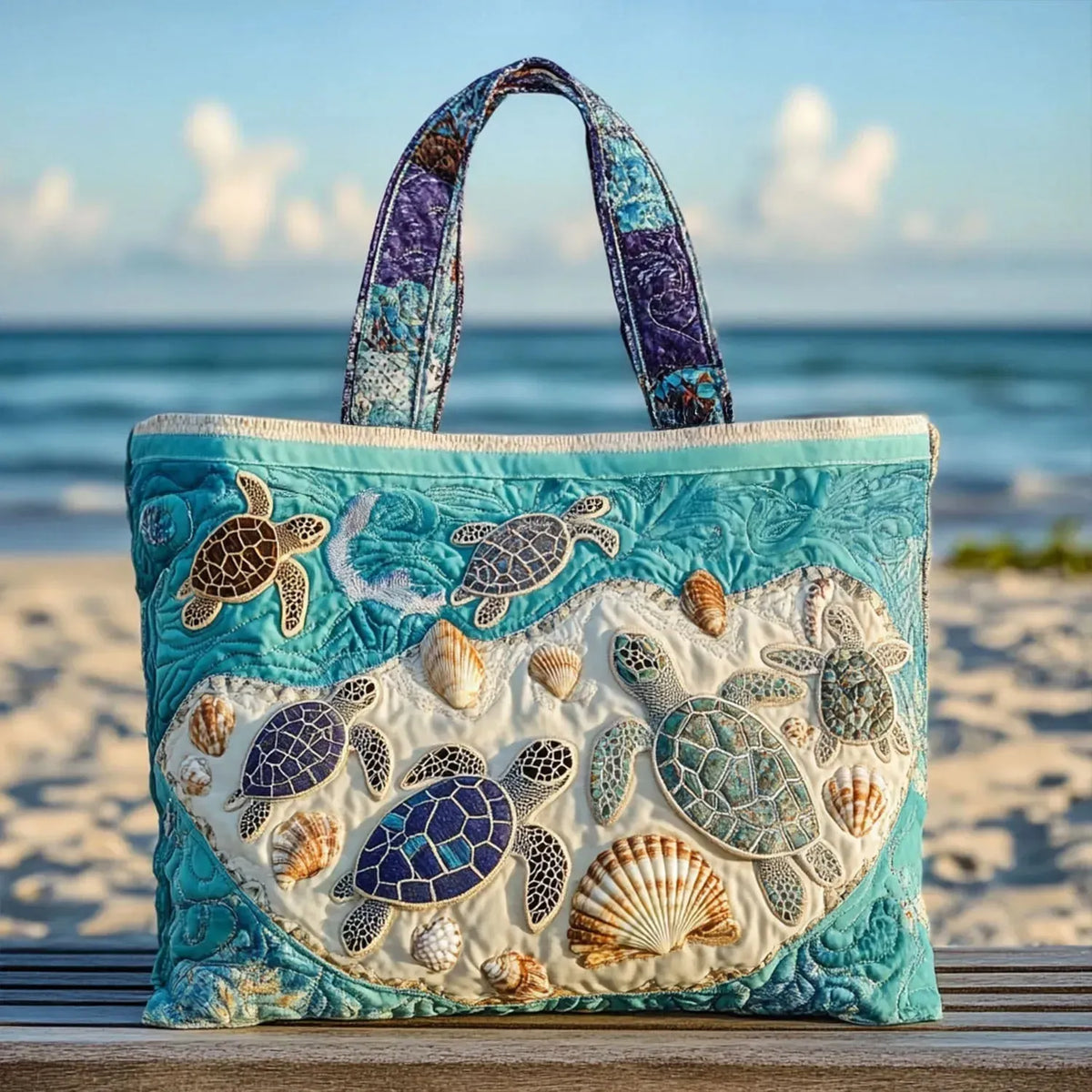 Sac cabas turquoise à motif tortues et coquillages, anses rembourrées bleu marine