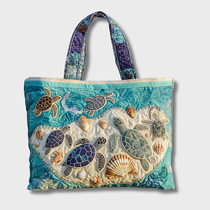Sac cabas turquoise avec doublure claire, motif tortues marines et coquillages, deux anses