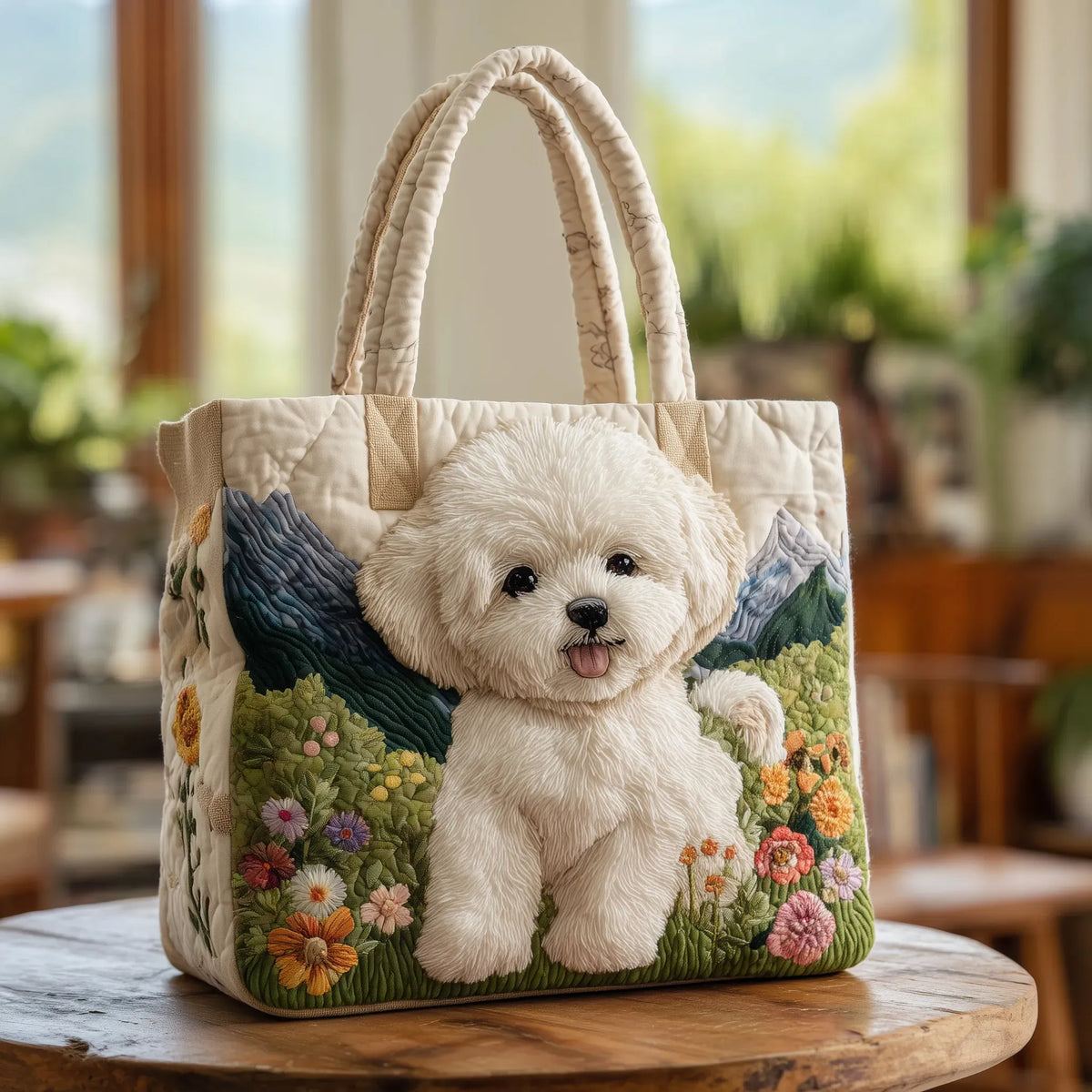 Sac à main beige motif chien blanc, fleurs colorées sur le devant, anses rembourrées