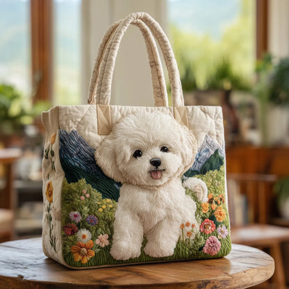 Sac à main beige motif chien blanc, fleurs colorées sur le devant, anses rembourrées