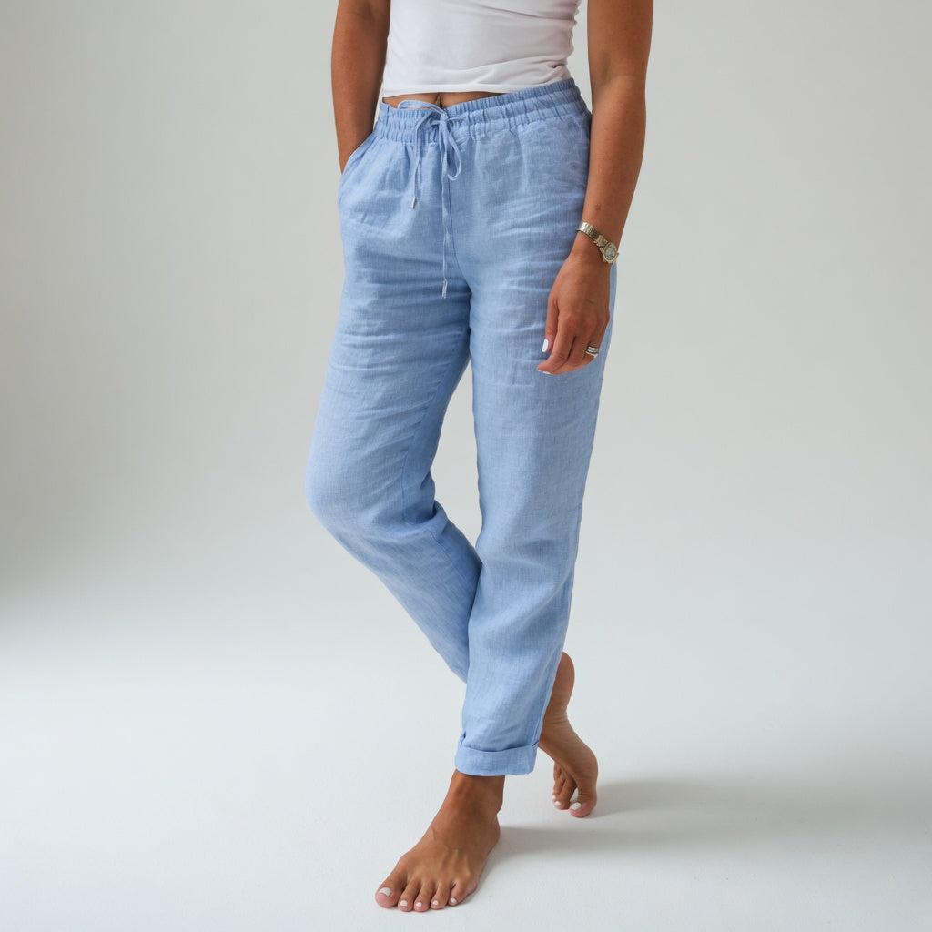 Pantalon Albertine™ coton fluide bleu clair, taille élastique à cordon, coupe carotte