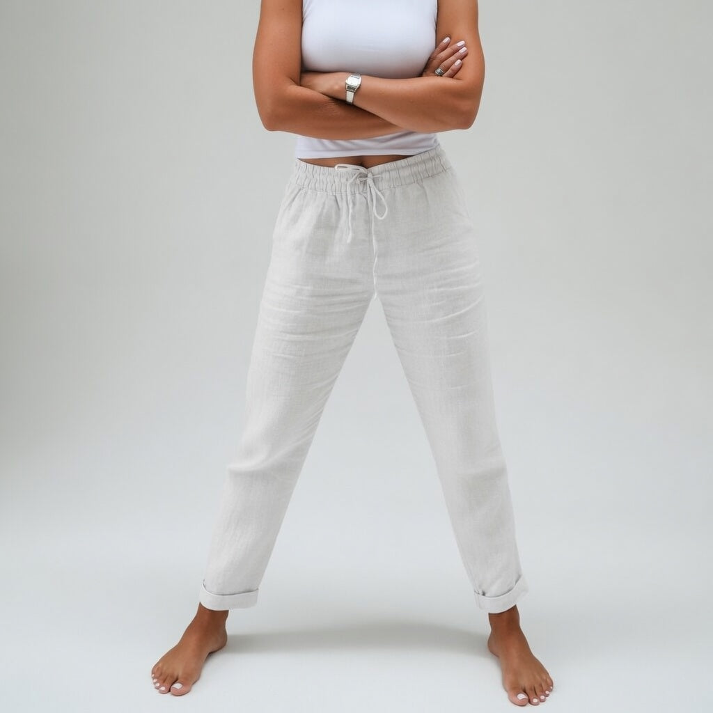 Pantalon en coton fluide blanc cassé, taille élastique à cordon, coupe carotte