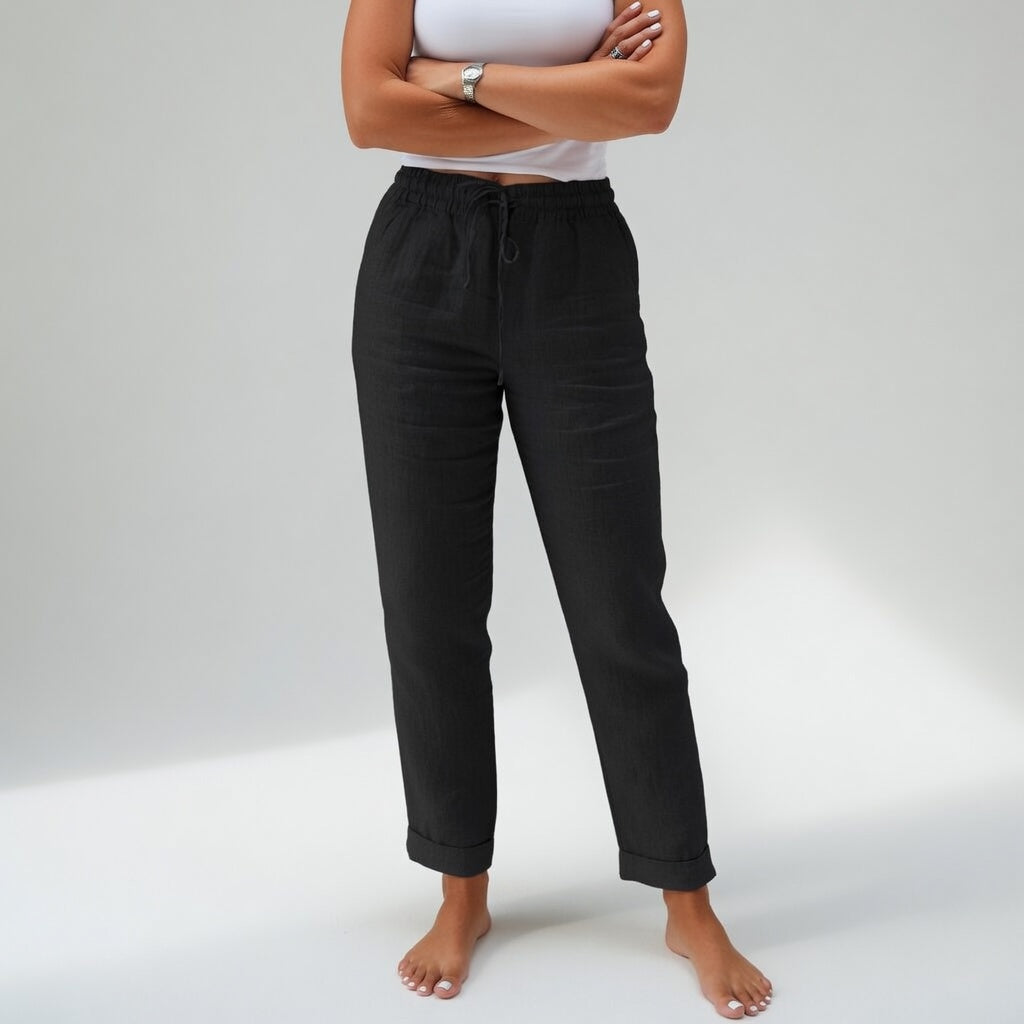 Pantalon en coton fluide noir, taille élastique à cordon, coupe carotte