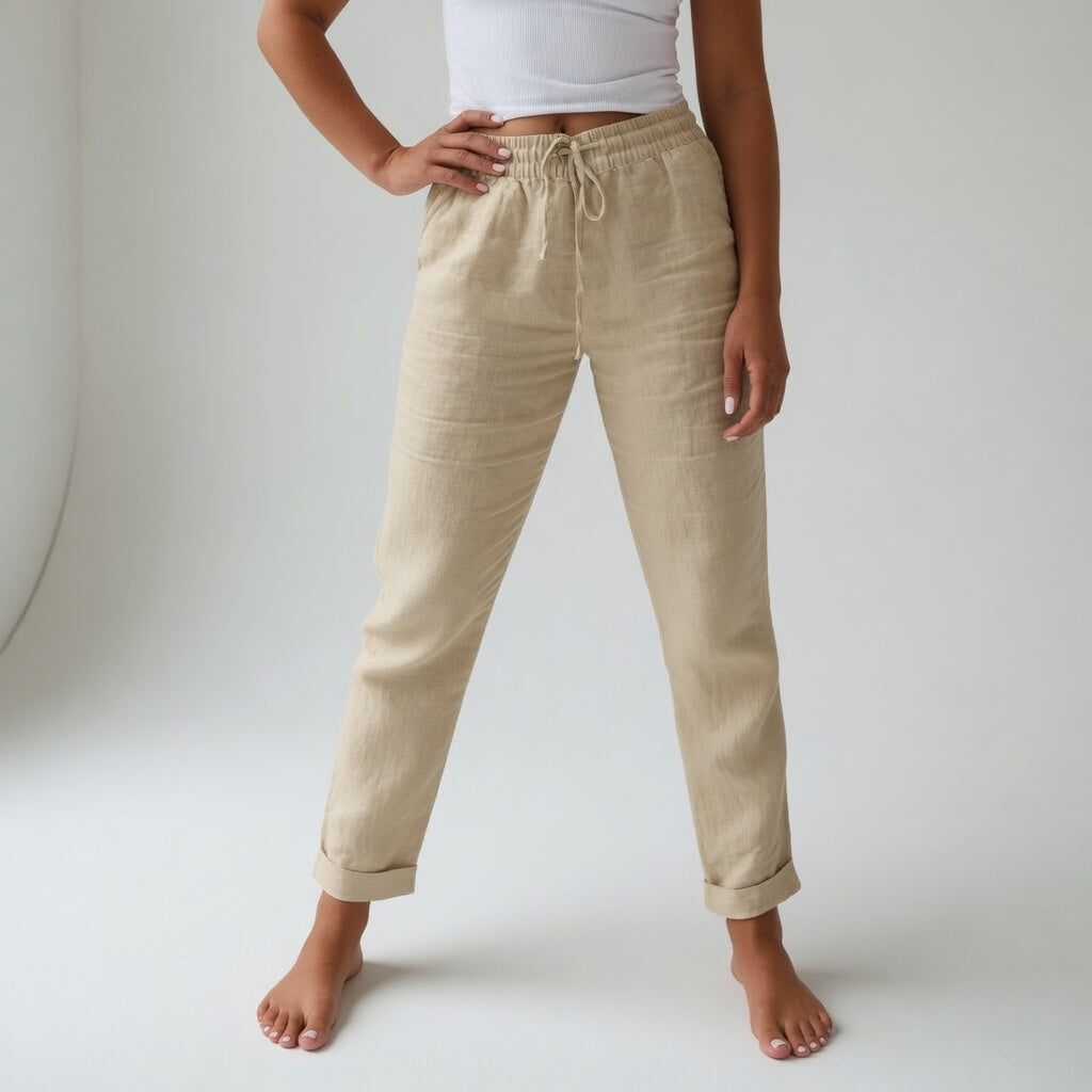 Pantalon en coton fluide beige clair, taille élastique à cordon, coupe carotte