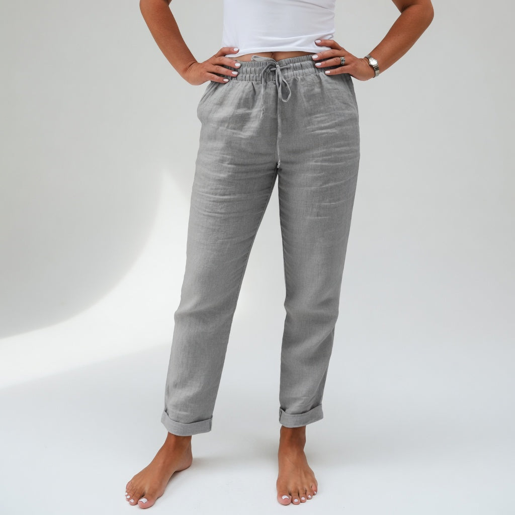 Pantalon en coton fluide gris clair, taille élastique à cordon, coupe carotte