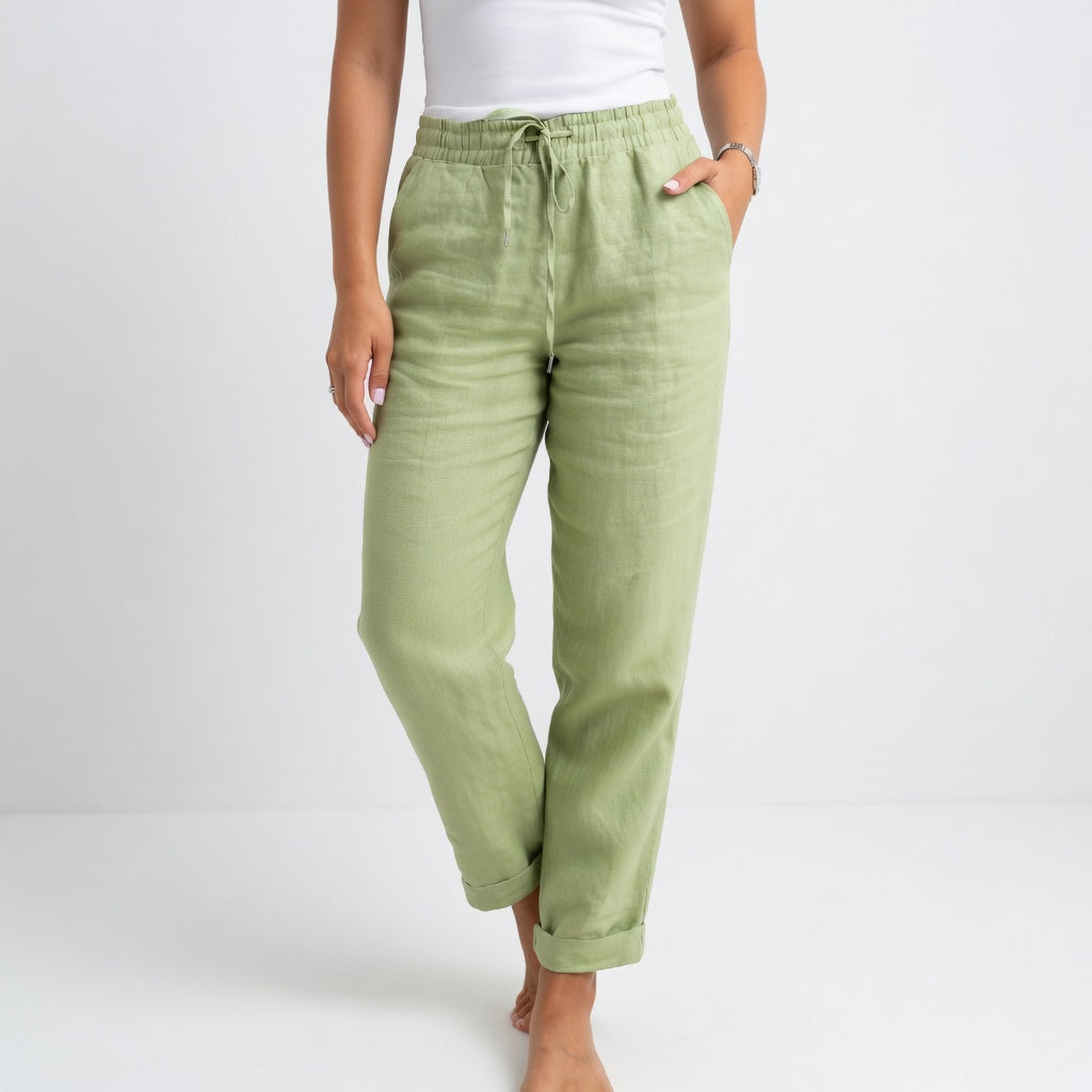 Pantalon en coton fluide vert, taille élastique à cordon, coupe carotte