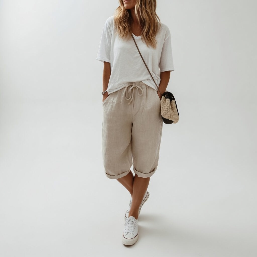 Bermuda coton kaki avec taille élastique et cordon, longueur mi-mollet.