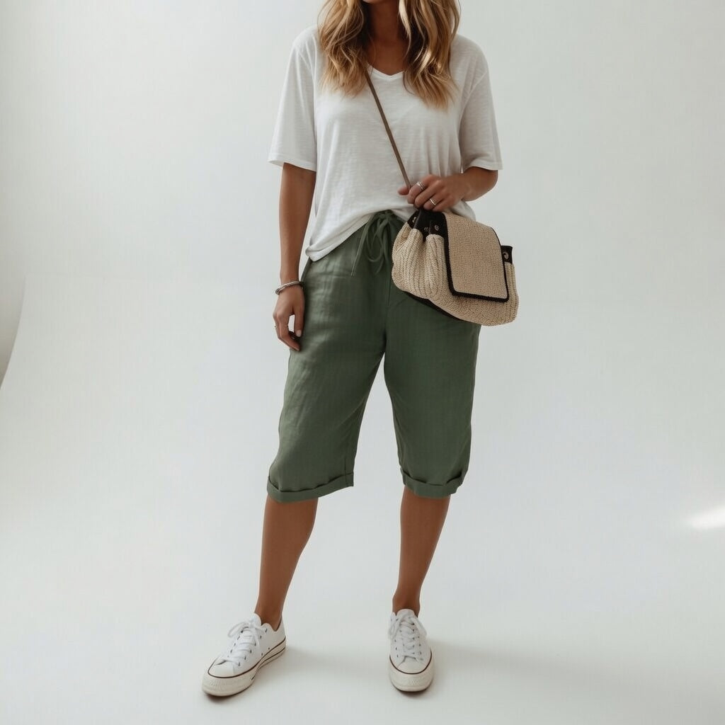 Bermuda coton vert armée à cordon et taille élastique, longueur mi-mollet.