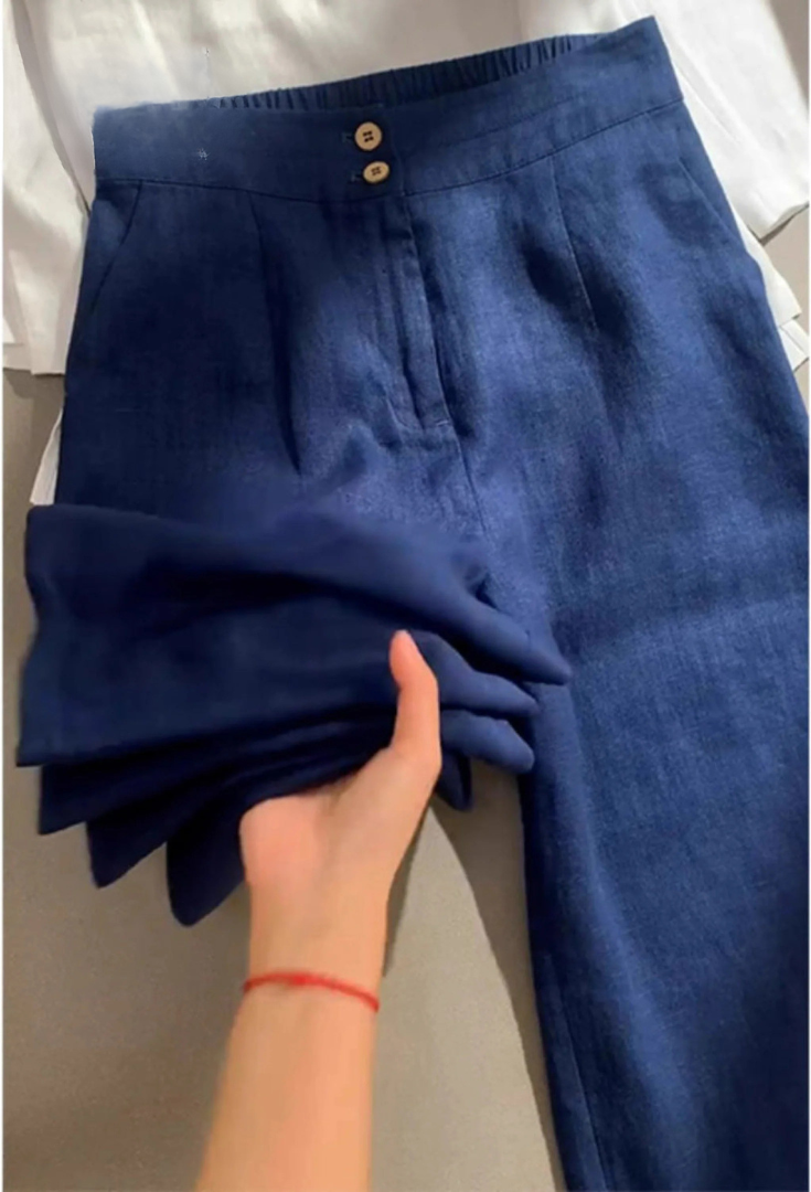Pantalon en lin Héritage bleu marine, taille boutonnée et plis marqués