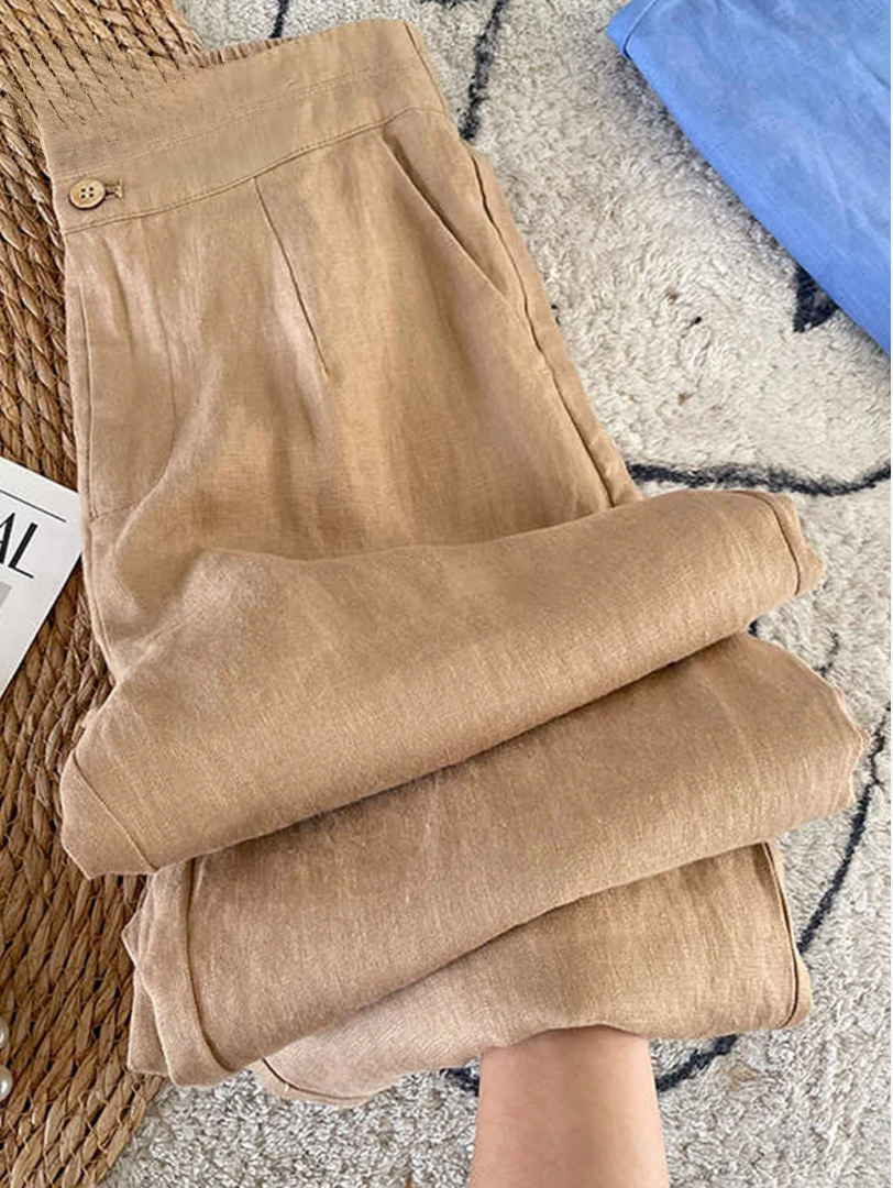 Pantalon en lin Héritage beige, taille boutonnée, jambe ample