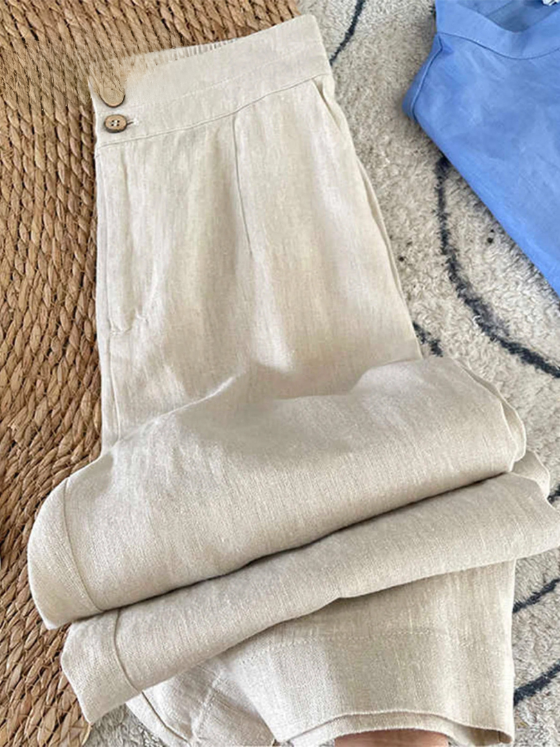 Pantalon en lin Héritage blanc, taille boutonnée et coupe ample