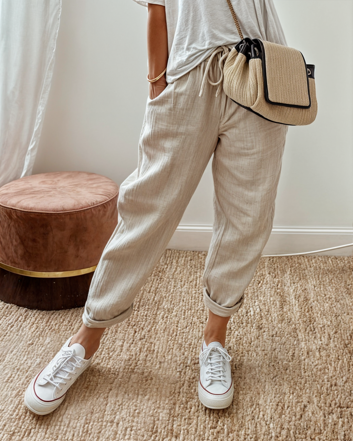 Pantalon chic décontracté beige, taille élastique, poches, bas resserré.