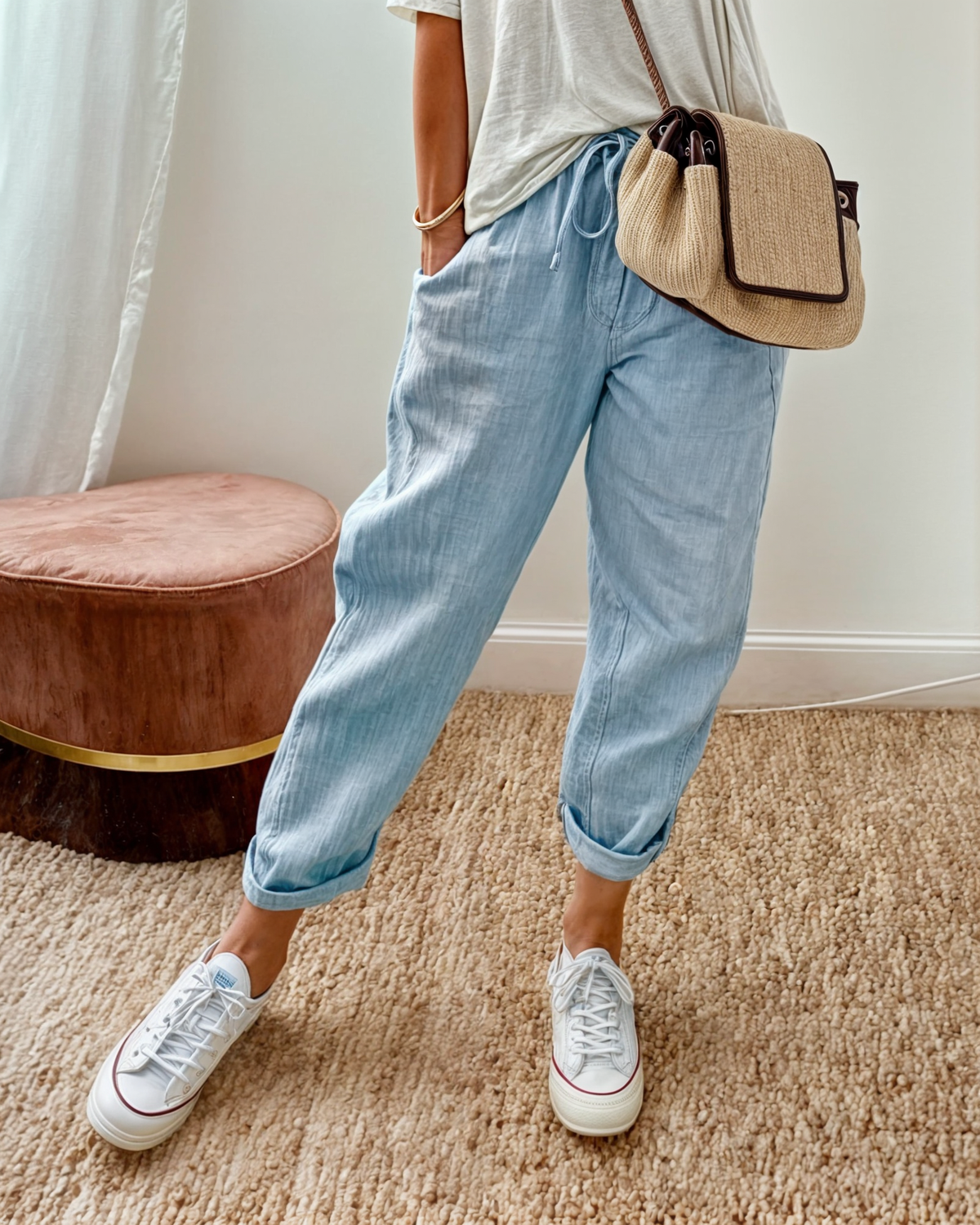 Pantalon chic décontracté bleu clair, taille élastique, poches, bas resserré.