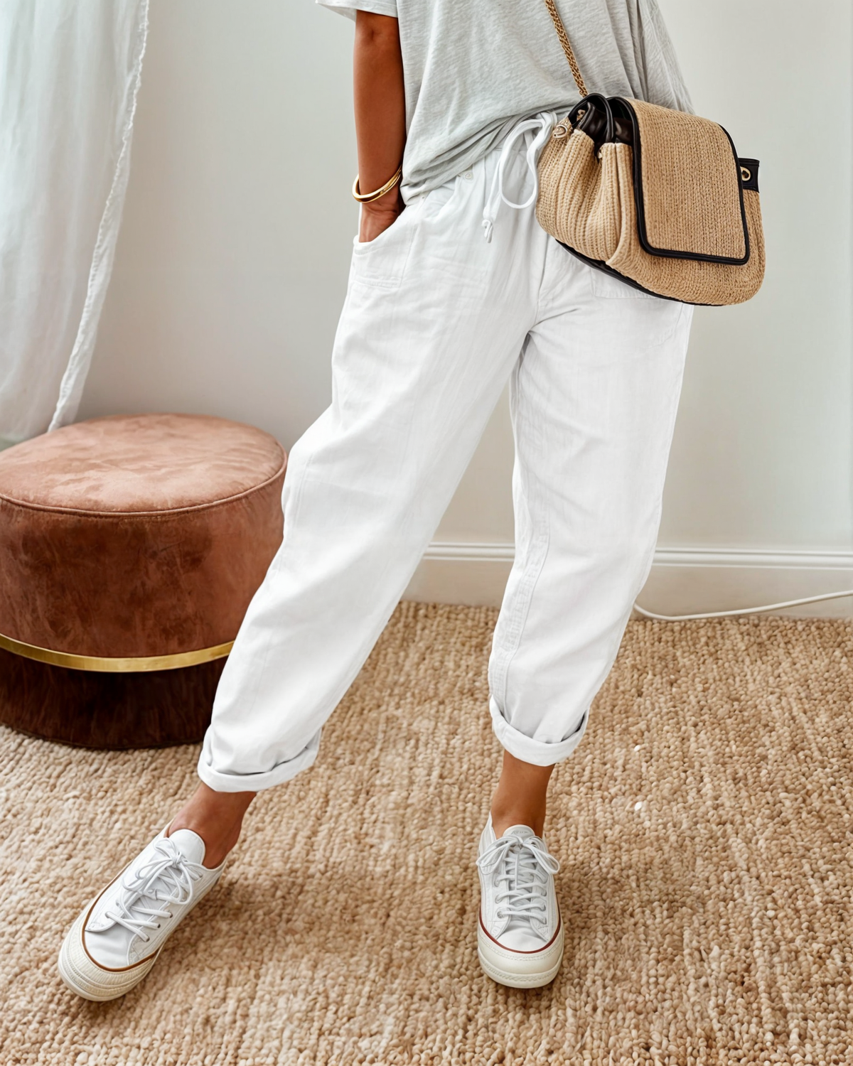 Pantalon chic décontracté blanc, taille élastique, poches, bas resserré.