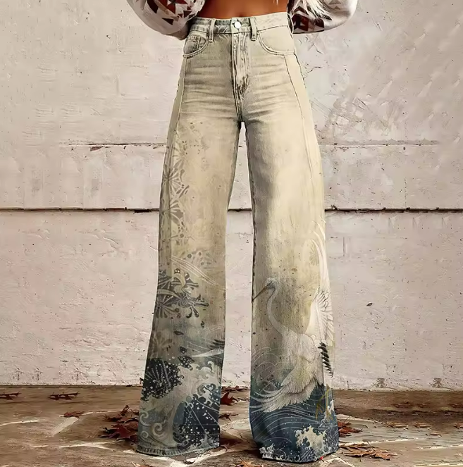 Pantalon bohème chic beige à jambes évasées, imprimé floral en bas
