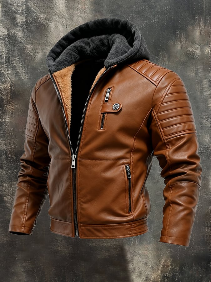 Veste zippée MAISON CLÉMENT PARIS™ à capuche doublée effet cuir, marron