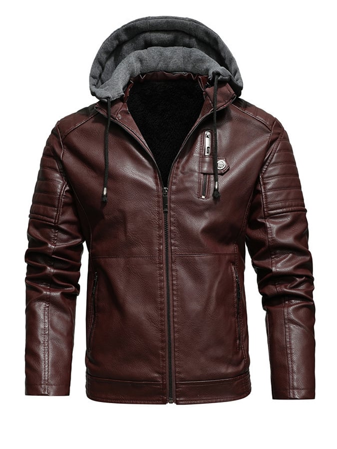 Veste zippée à capuche doublée effet cuir, marron foncé, cordons