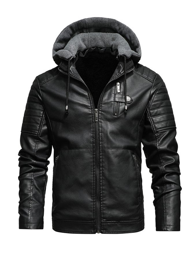 Veste zippée à capuche doublée effet cuir, noir, poches zippées