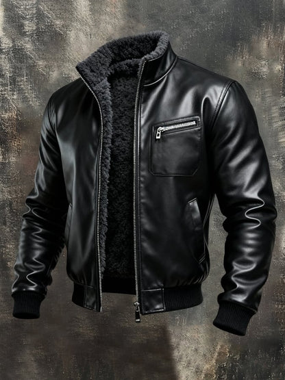 Veste cuir noire doublée sherpa, zip, poche poitrine et manches longues avec poignets côtelés