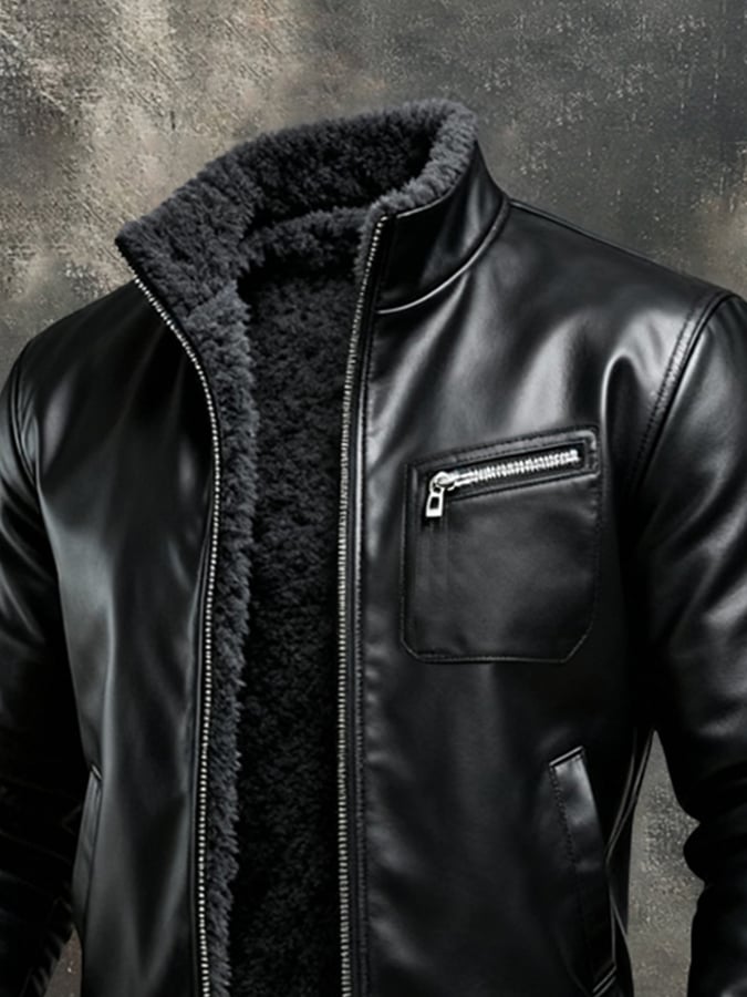 Veste cuir noire doublée sherpa, zip intégral, poche poitrine et col montant