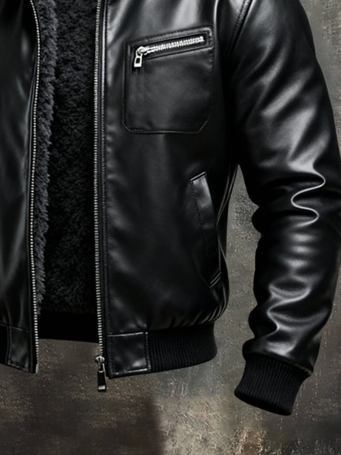 Veste cuir noire doublée sherpa, poche poitrine zippée, poignets côtelés et bas élastique