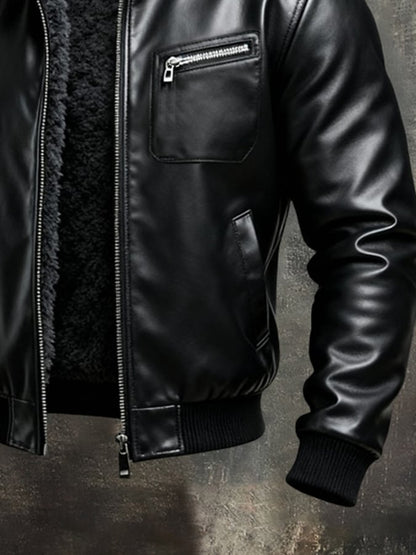Veste cuir noire doublée sherpa, poche poitrine zippée, poignets côtelés et bas élastique