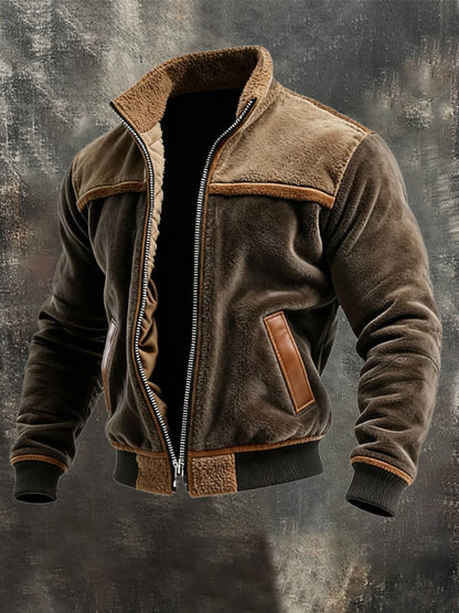 Veste chaude zippée avec col montant, empiècement cuir rectangulaire, poignets côtelés.