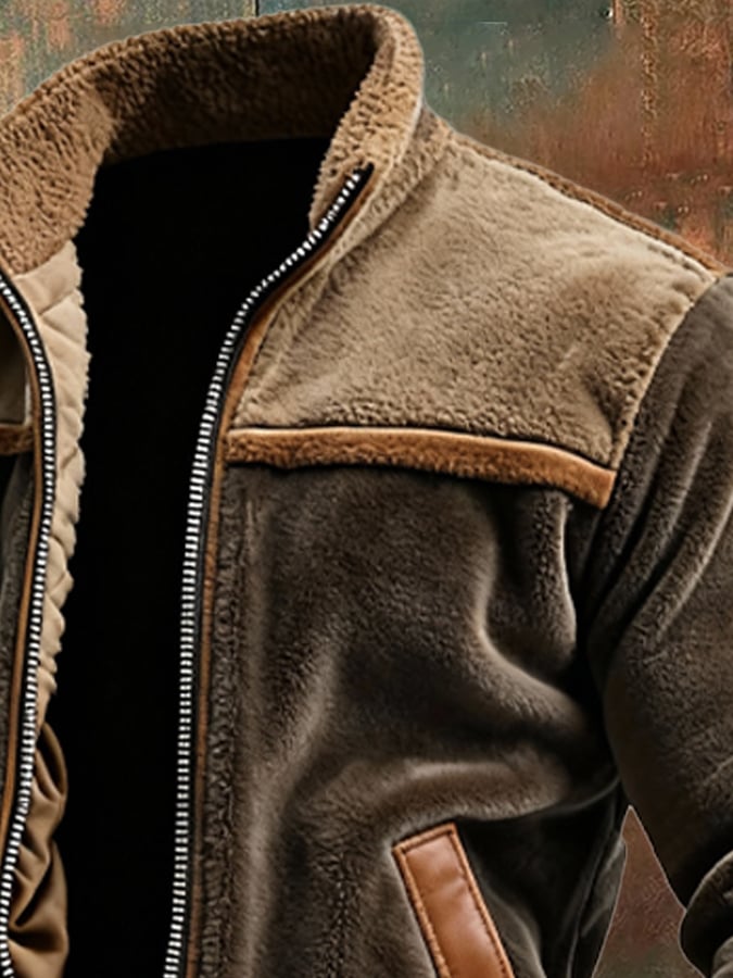 Veste chaude en velours et cuir, col montant zippé, empiècement cuir marron.