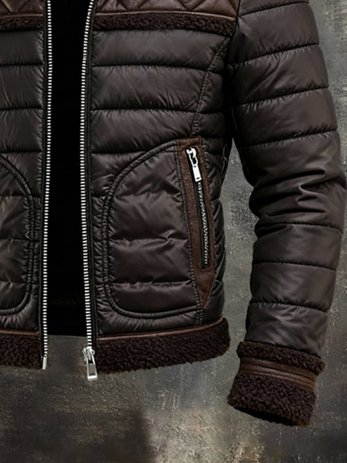 Détail gilet matelassé marron : poche zippée et bordure effet sherpa