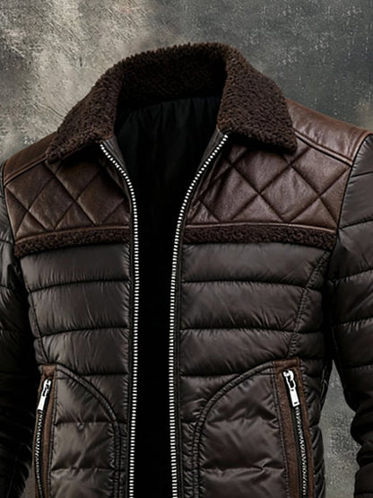 Gilet matelassé marron à col sherpa haut, surpiqûres losanges et zip central