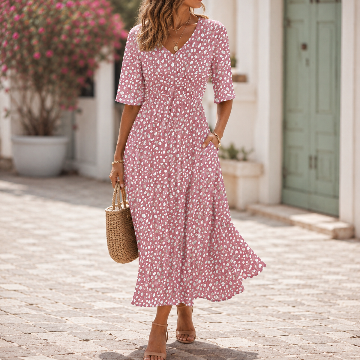 Robe midi rose à imprimé blanc, col V, manches courtes, jupe évasée