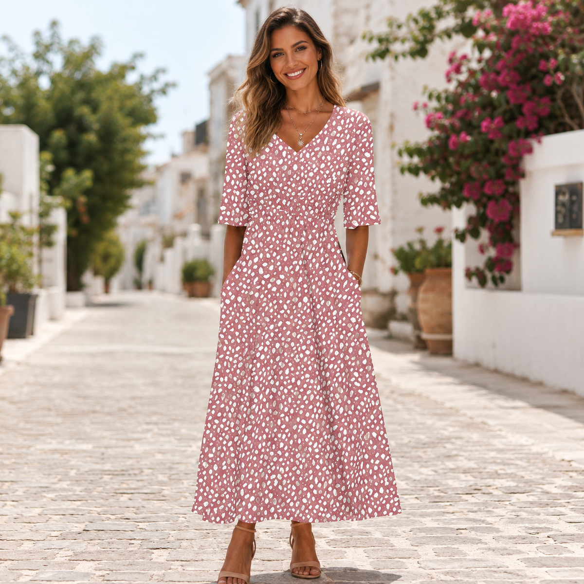 Robe midi rose à col V et manches courtes, imprimé blanc, coupe évasée