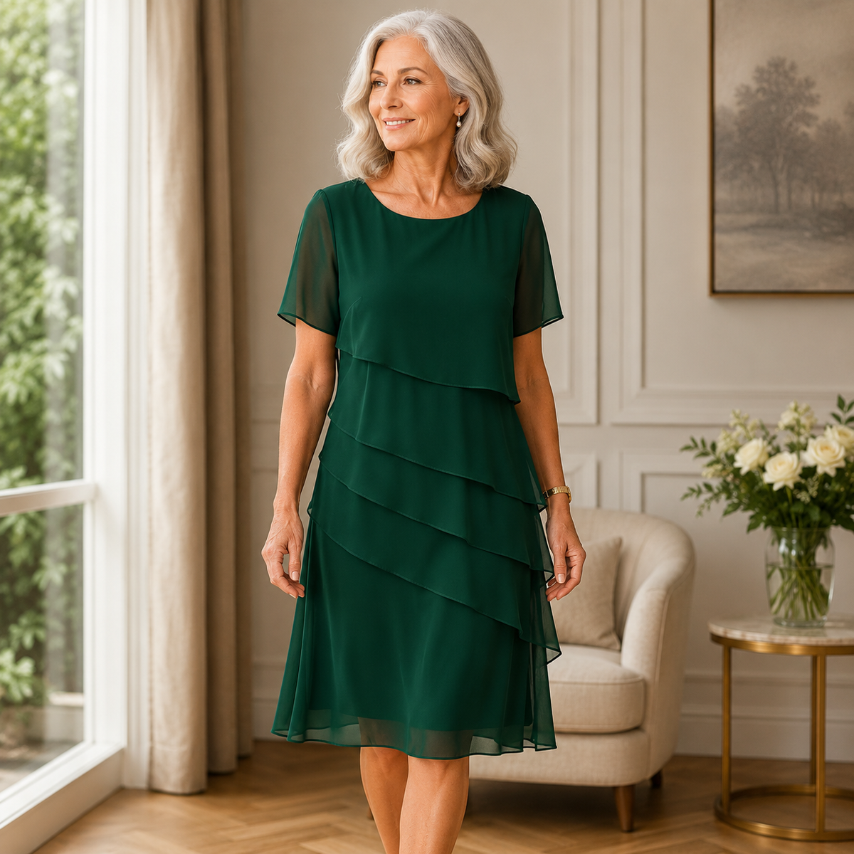 Robe à volants vert foncé, manches courtes, col rond, longueur mi-cuisse à mi-longue