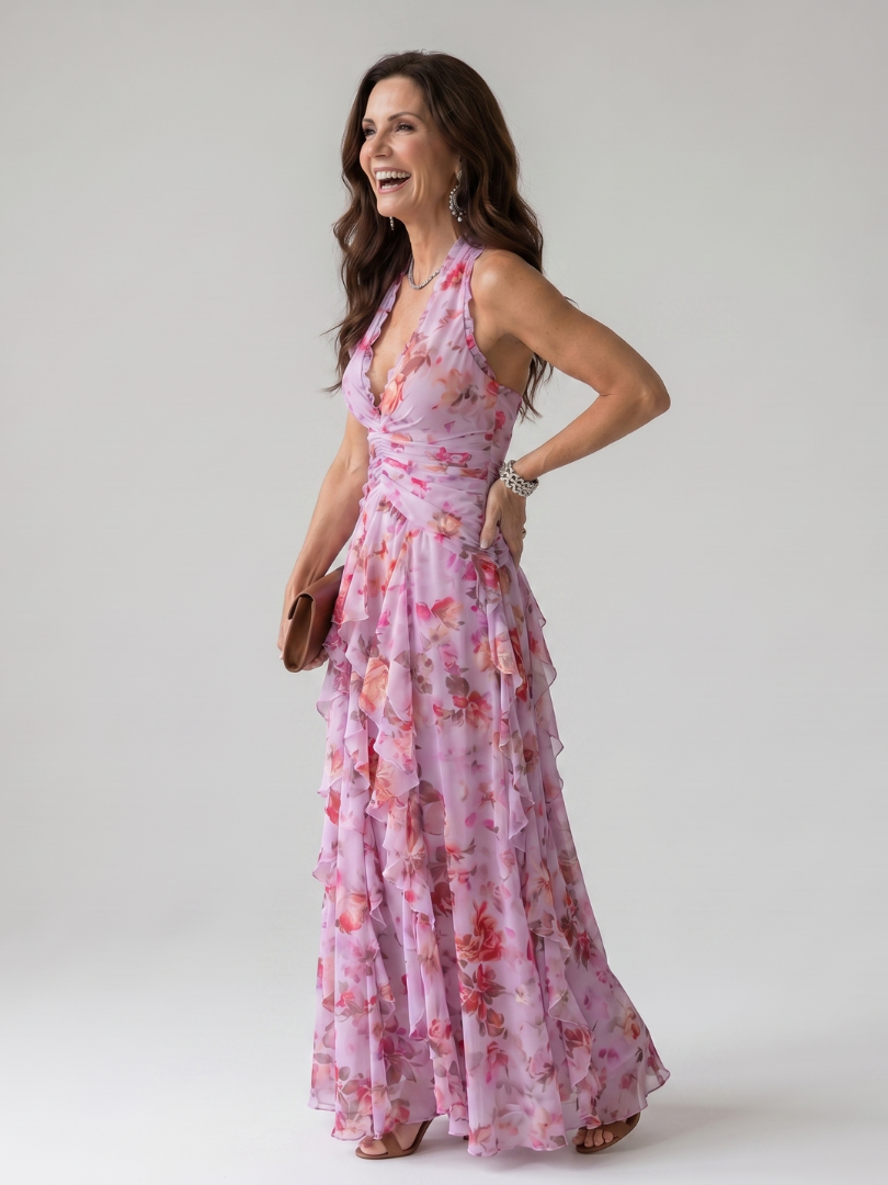 Robe longue fleurie rose, col halter et corsage drapé, jupe évasée