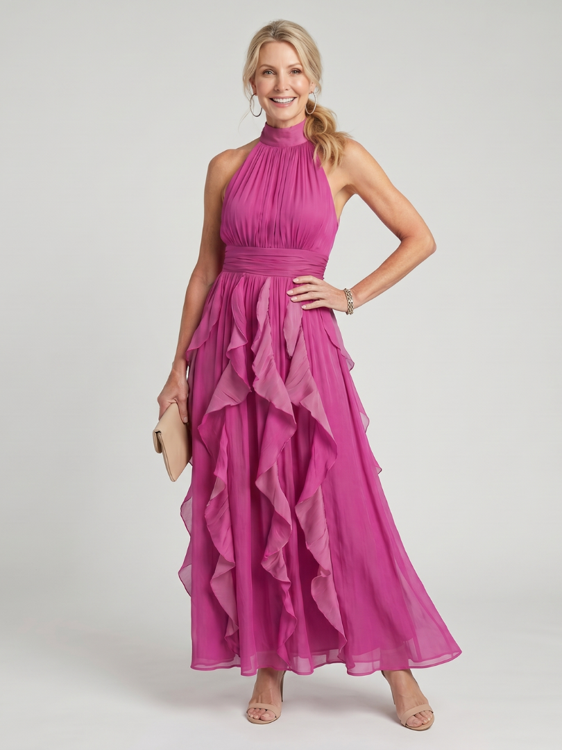 Robe longue rose à col montant, empiècement froncé à la taille, volants en étages