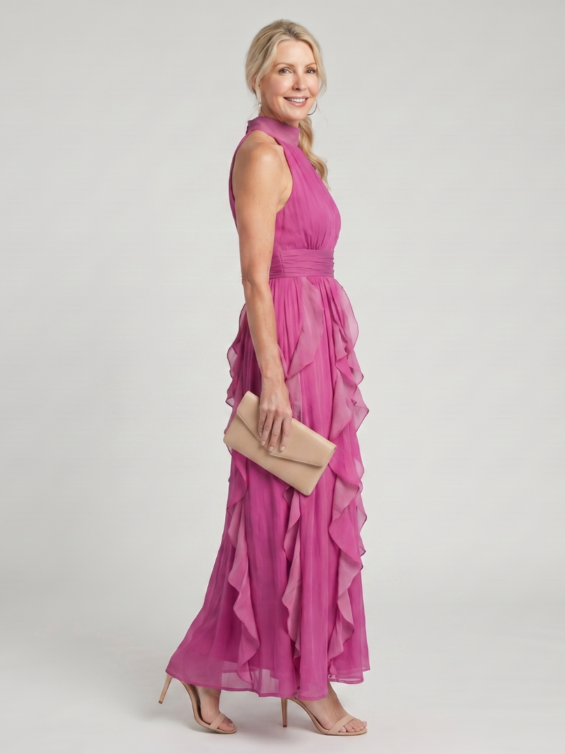 Robe longue rose à col montant, sans manches, volants en étages et coupe évasée