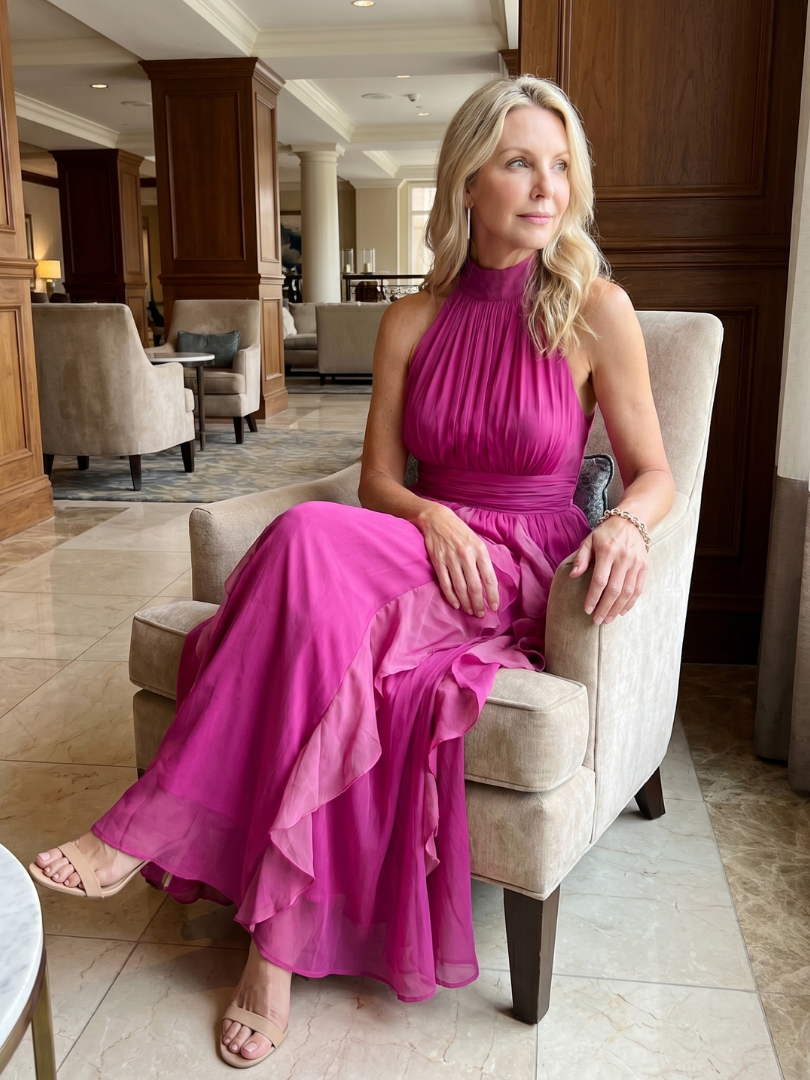 Robe longue rose sans manches à col montant, volants superposés et fronces à la taille