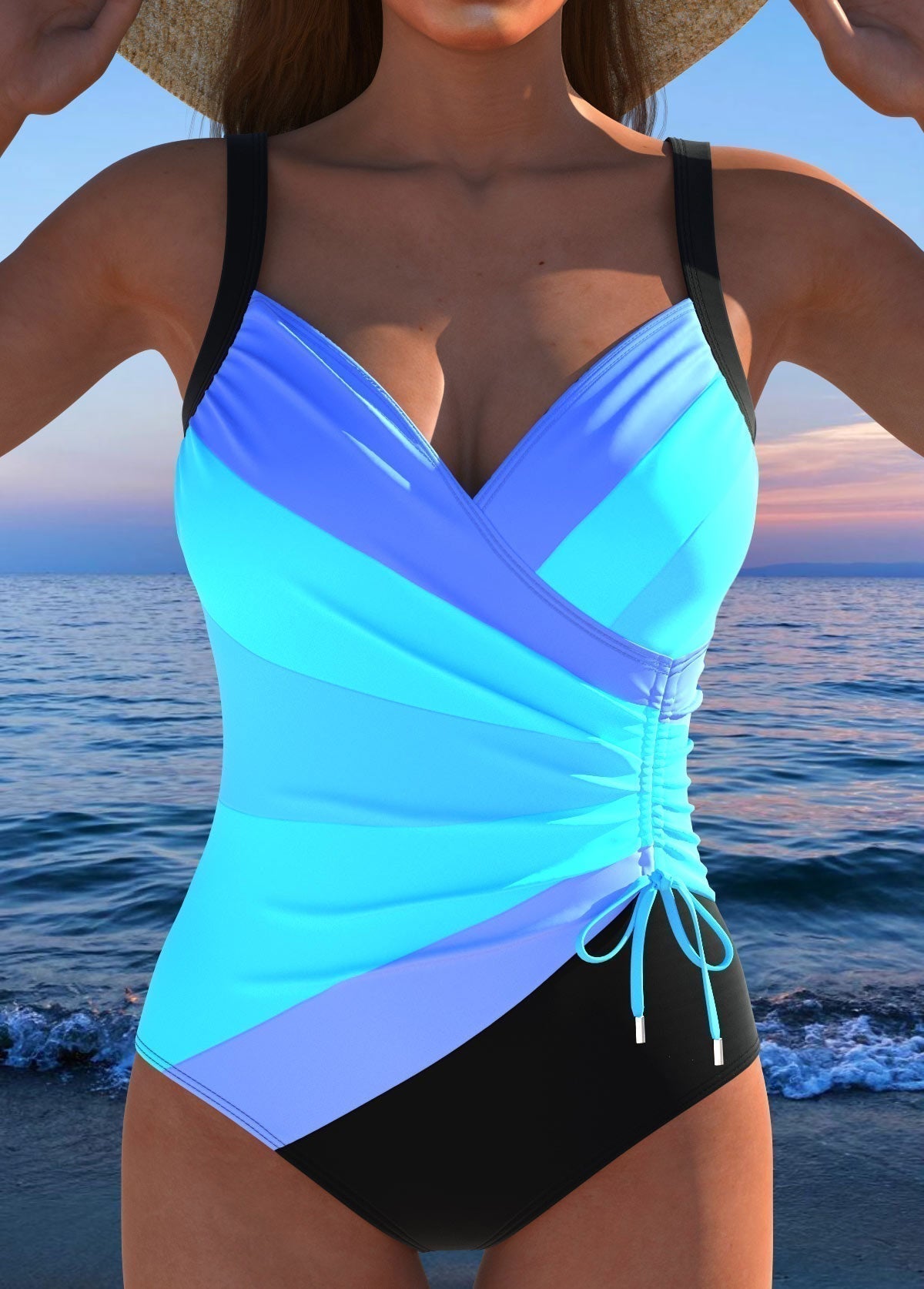 Maillot de bain portefeuille bleu clair dégradé, décolleté en V