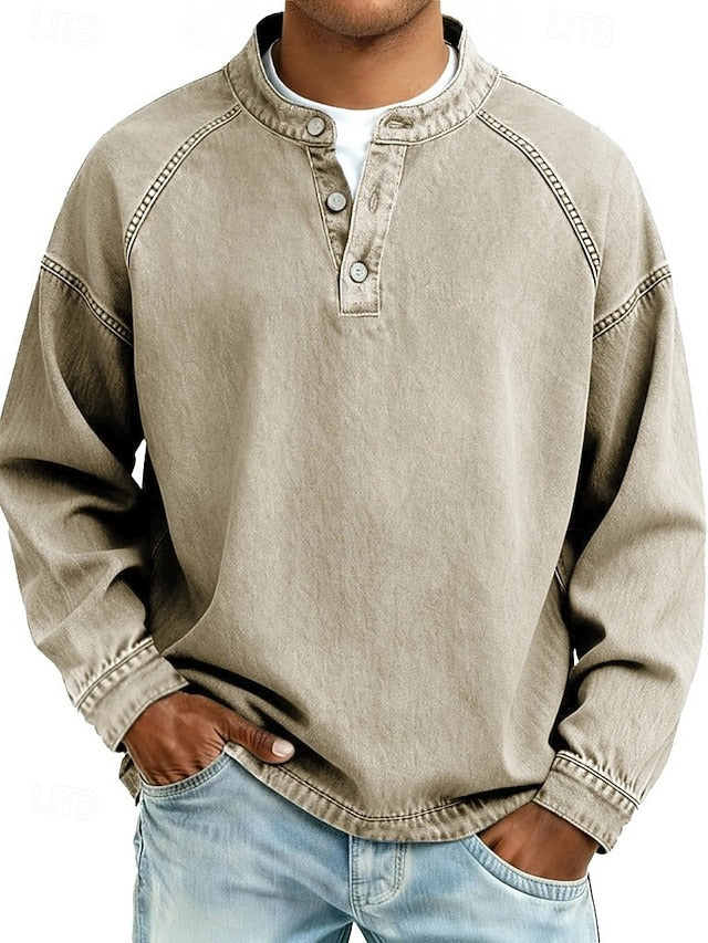 Pull henley manches longues délavé kaki, patte boutonnée, poignets côtelés