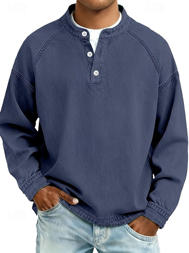 Pull henley manches longues délavé bleu foncé, col boutonné, poignets côtelés