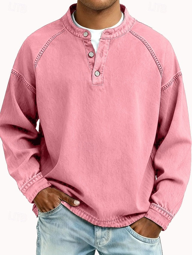 Pull henley manches longues délavé rose, patte boutonnée, poignets côtelés