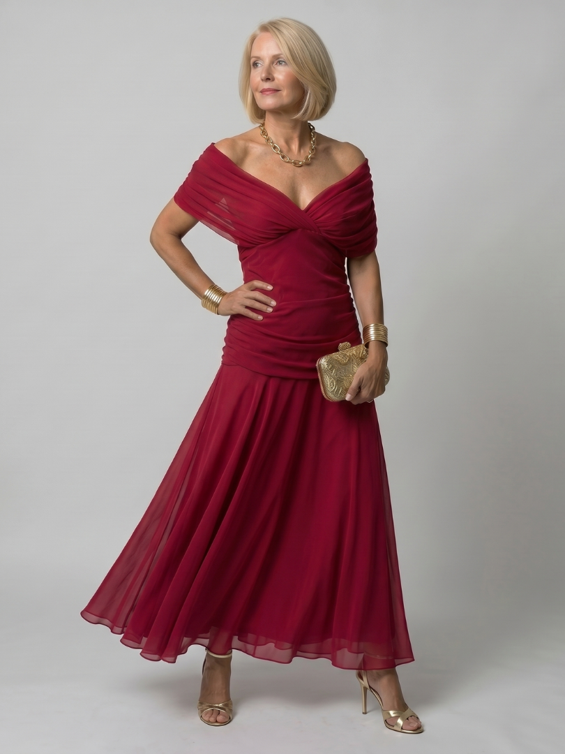 Robe longue midi à épaules dénudées, décolleté en V noué, voile bordeaux.