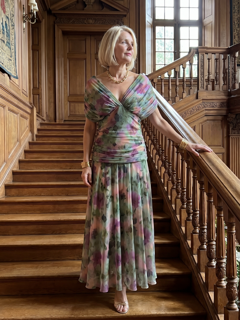 Robe longue midi à épaules dénudées, décolleté en V noué, imprimé floral multicolore.