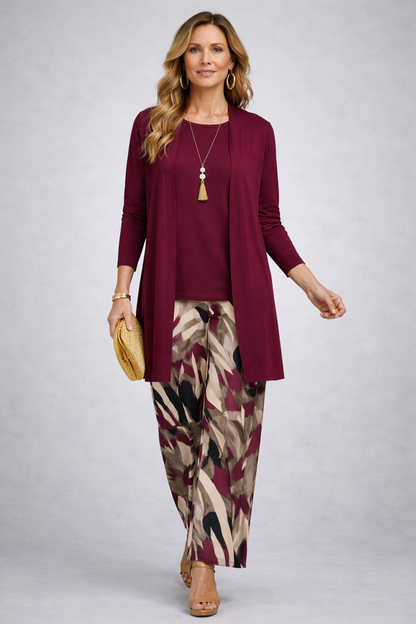 Ensemble 3 pièces violet : gilet long ouvert, haut manches longues et pantalon imprimé